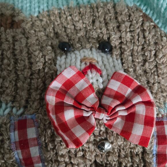 Vintage Far Near Teddy Bear 3D Sweater Green Pastel Textured Camp Novelty Large - Picture 9 of 16